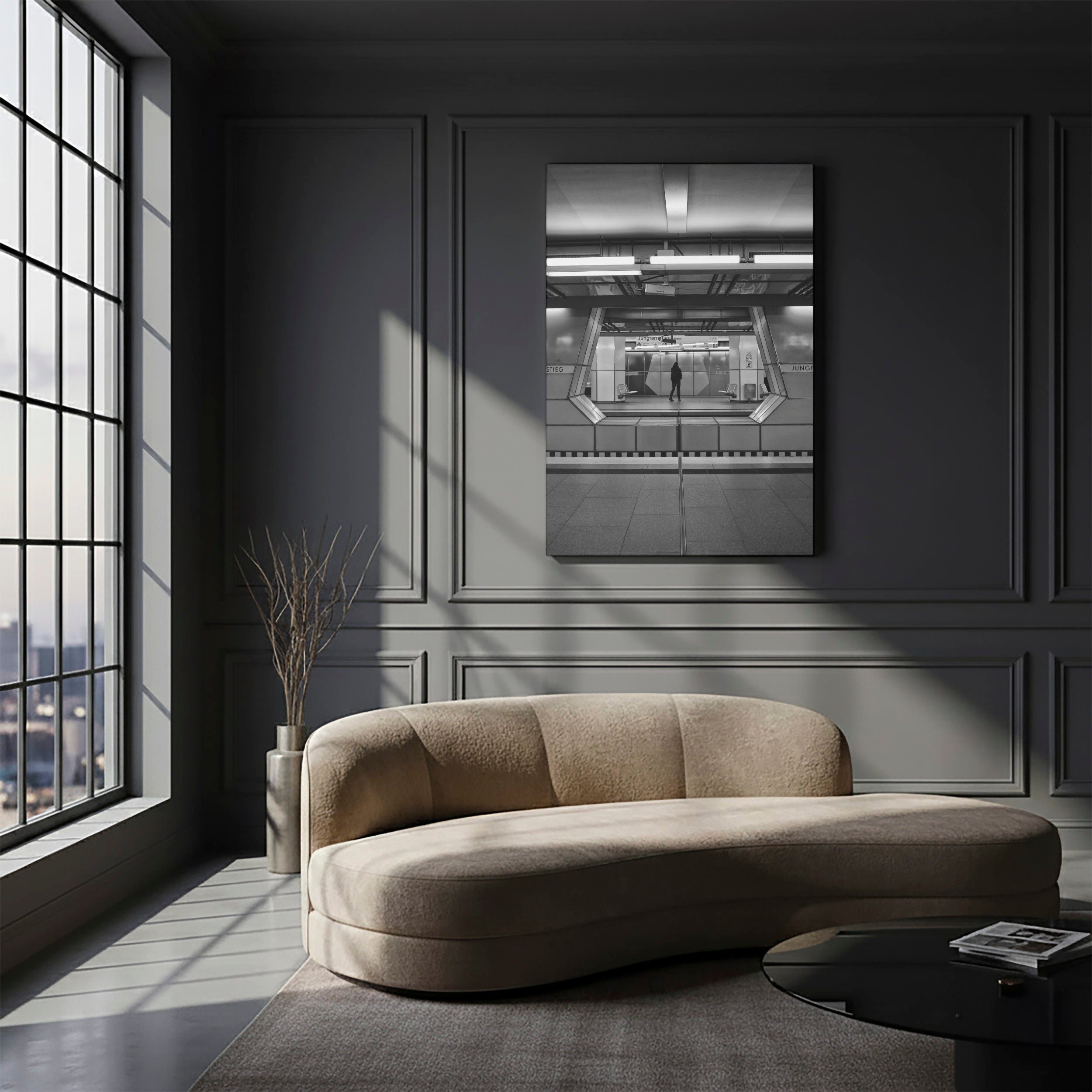 Black and white urban geometry fine art print mounted on acrylic glass with glossy surface