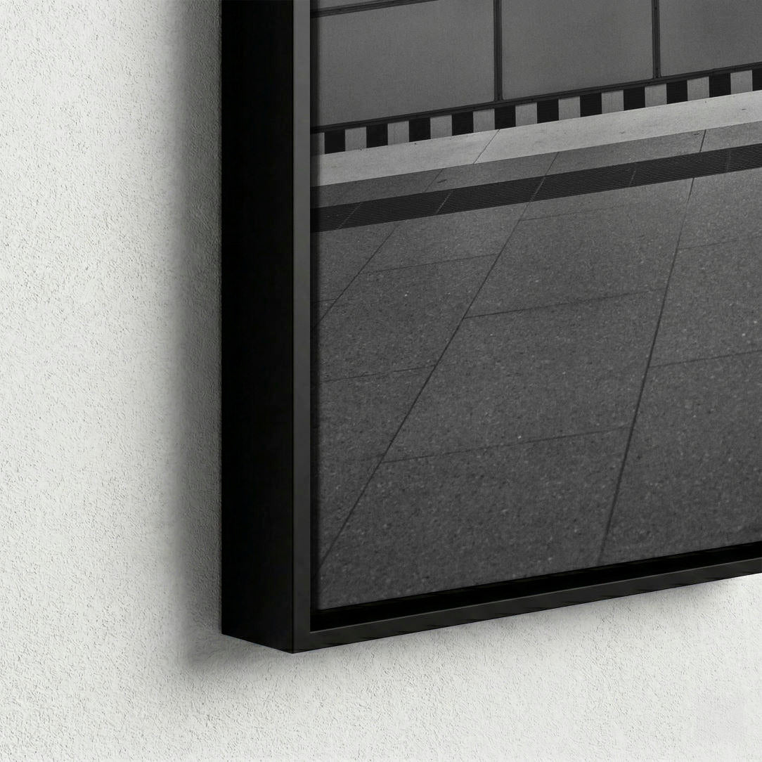 Black and white urban geometry fine art print in floating frame with shadow gap presentation