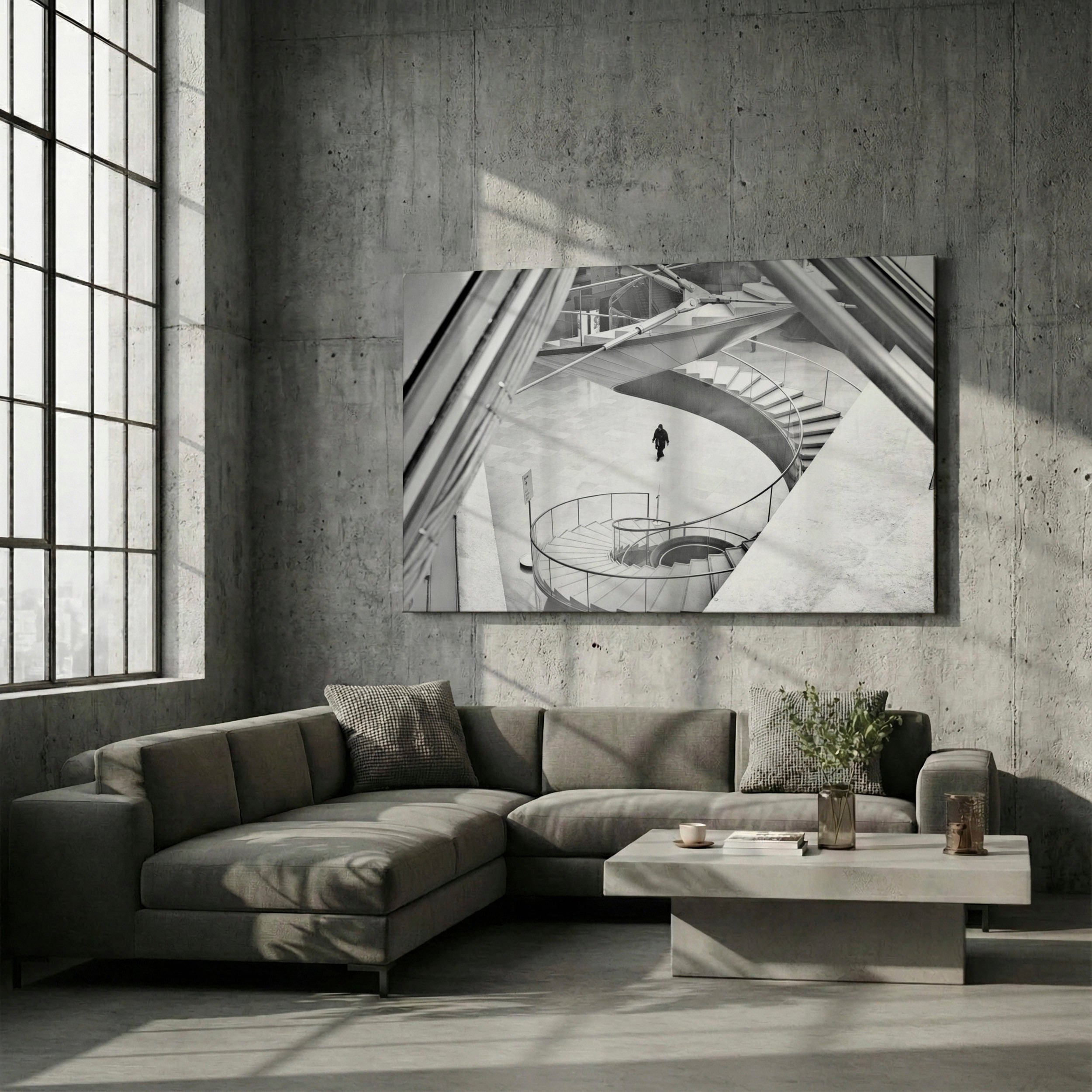 Black and white urban geometry photography print mounted on Alu-Dibond with matte finish