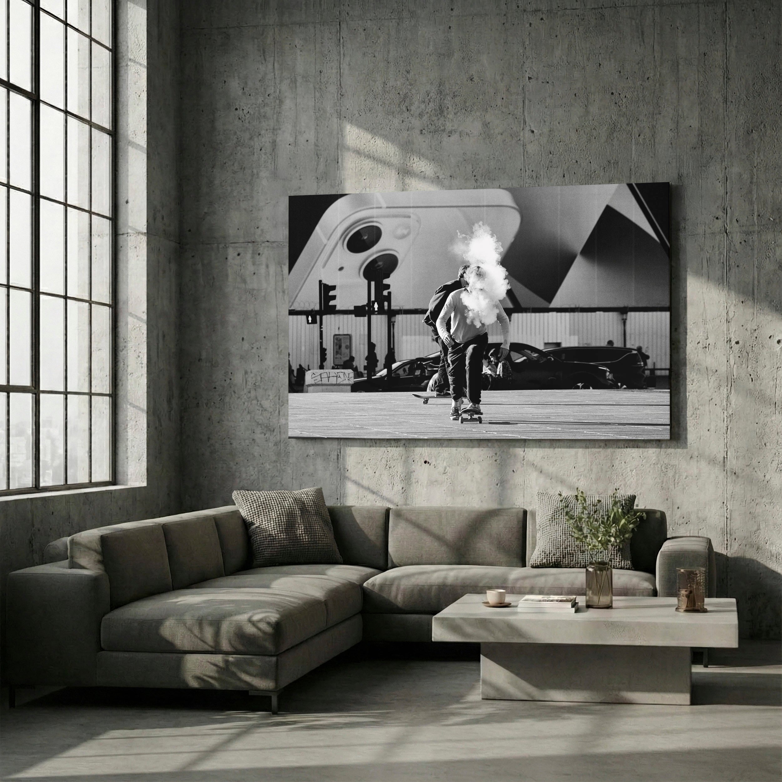Black and white street photography print on Alu-Dibond mounted on wall